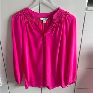 Lilly Pulitzer Elsa Silk Hot Pink Smocked-Neck Long Sleeve Blouse
